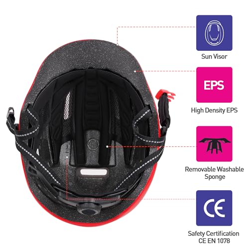 Adult bike helmet with visor and LED, 21 ventilation openings, women's bike helmet, mountain and road bike helmet for men and women, adjustable size 57-61 cm (Red)