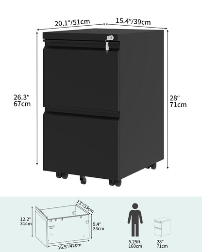 YITAHOME Lockable 2-Drawer Rolling File Cabinet for A4, Legal, Letter, Metal Filing Cabinet for Home Office, Hanging File Organizer, Black, 51 x 39 x 71cm