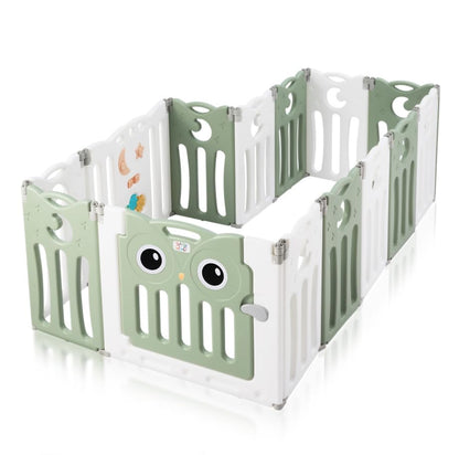 Baby Vivo Playpen Play Yard Foldable Baby Playpen Crawl Gate Safety Gate for Kids made of plastic with door and toys 14 elements in Green - Owl