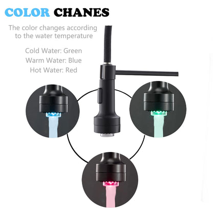 TIMACO LED Black Kitchen Faucet with Spiral Spring,360° Swivel Sink Faucet,Sprayer Pull-Out - High Pressure