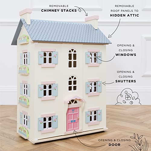 Le Toy Van - Cherry Tree Hall large wooden dollhouse | Wooden dollhouse play set with 4 floors for girls & boys - Suitable for children aged 3 years and above H150