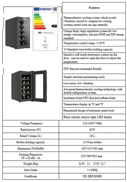 Echo's wine cooler 10 bottles 28 liters LED lighting wine cooler wine climate refrigerator mini fridge wine cooler minibar with glass door.