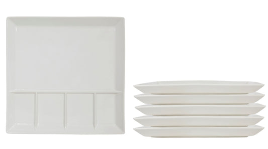 Raclette and Fondue Plates square 6-piece Set - white - Grill plates with 5 compartments - Menu Tapas Grill Party Sushi Plate made of dishwasher-safe porcelain