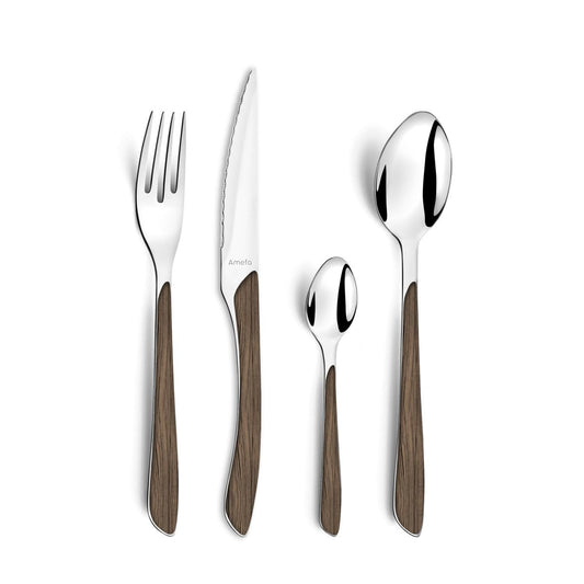 Amefa ECLAT cutlery set NATURE dark wood flatware 24 pieces for 6 people Stainless steel rustproof Plastic handle scales in wood look dishwasher safe Cutlery set for 6 people