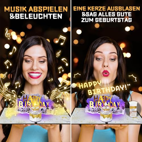 Birthday card, musical birthday cards with inflatable LED candlelight, Happy Birthday song, big birthday cake, pop-up greeting cards, birthday gift card for women, men, children.
