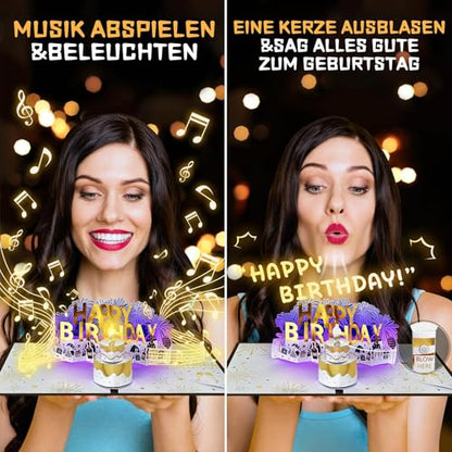 Birthday card, musical birthday cards with inflatable LED candlelight, Happy Birthday song, big birthday cake, pop-up greeting cards, birthday gift card for women, men, children.
