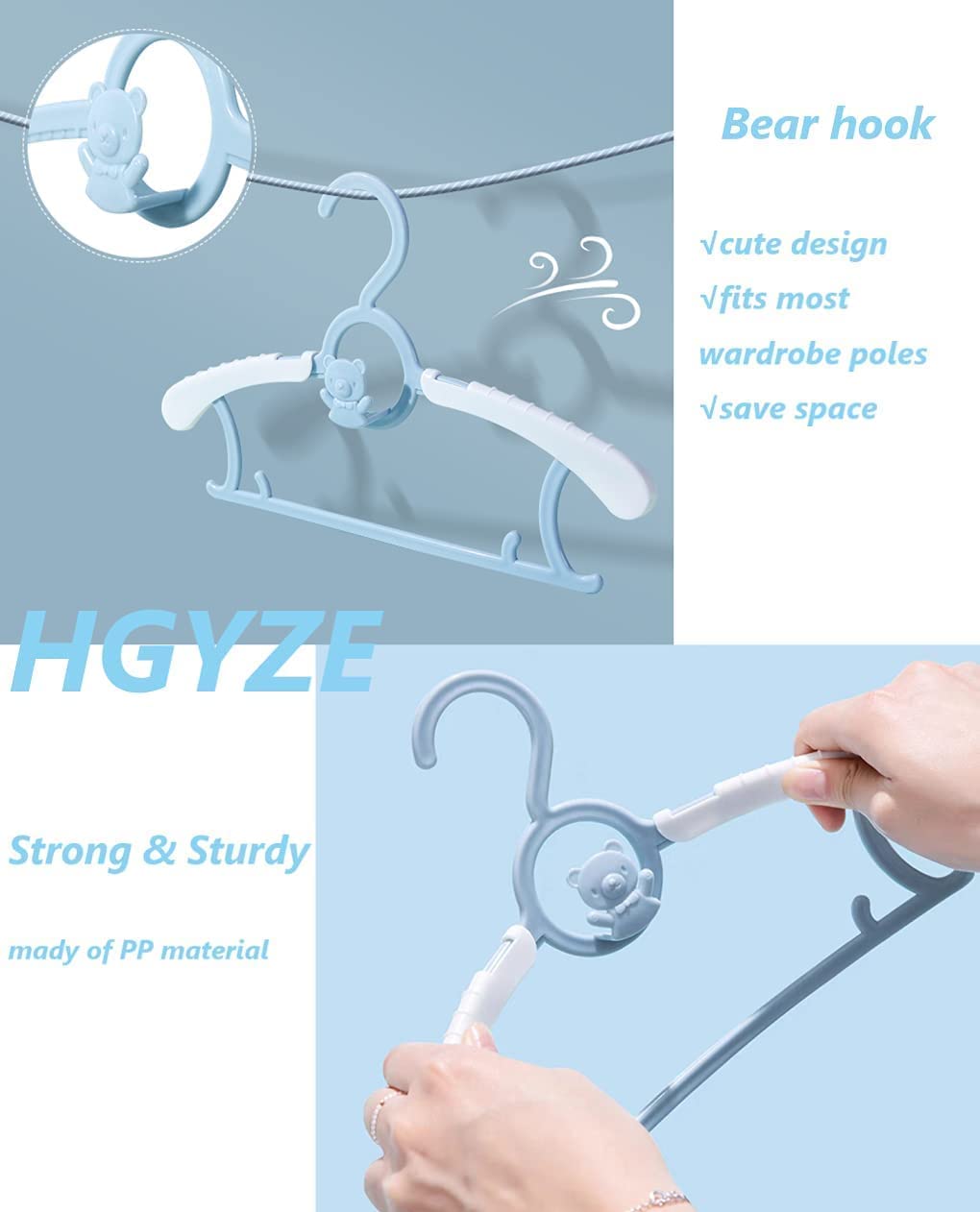 HGYZE Baby Growing Clothes Hanger Kids, Stackable Hanger - Hooks - Pants Stand, Non-Slip Baby Clothes Hanger Kids Hanger for Children's Clothing Wardrobe, Space Saving (Color) 20 Pieces