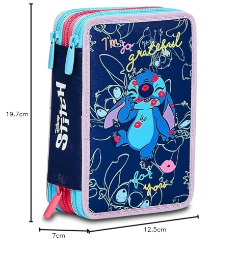 Seven pencil cases, multi-colored pouches with pencils, markers, and school supplies. Includes 3 compartments and perfect for girls in elementary school. XXL LILO&Stitch.