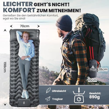 HIKENTURE Camping Isomatte Outdoor, 10cm Aufblasbare Isomatte Ultraleicht Kleines Packmaß, Sleeping Pad Schlafmatte mit Fußpumpe für Camping, Outdoor, Wandern - Grau