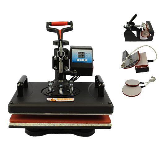 5 in 1 Heat Press Machine 38x30cm with 1000W power. The T-shirt heat press can rotate 360 degrees, ideal for DIY projects. It features a double digital display for easy operation. Great for sublimation and heat transfer printing.