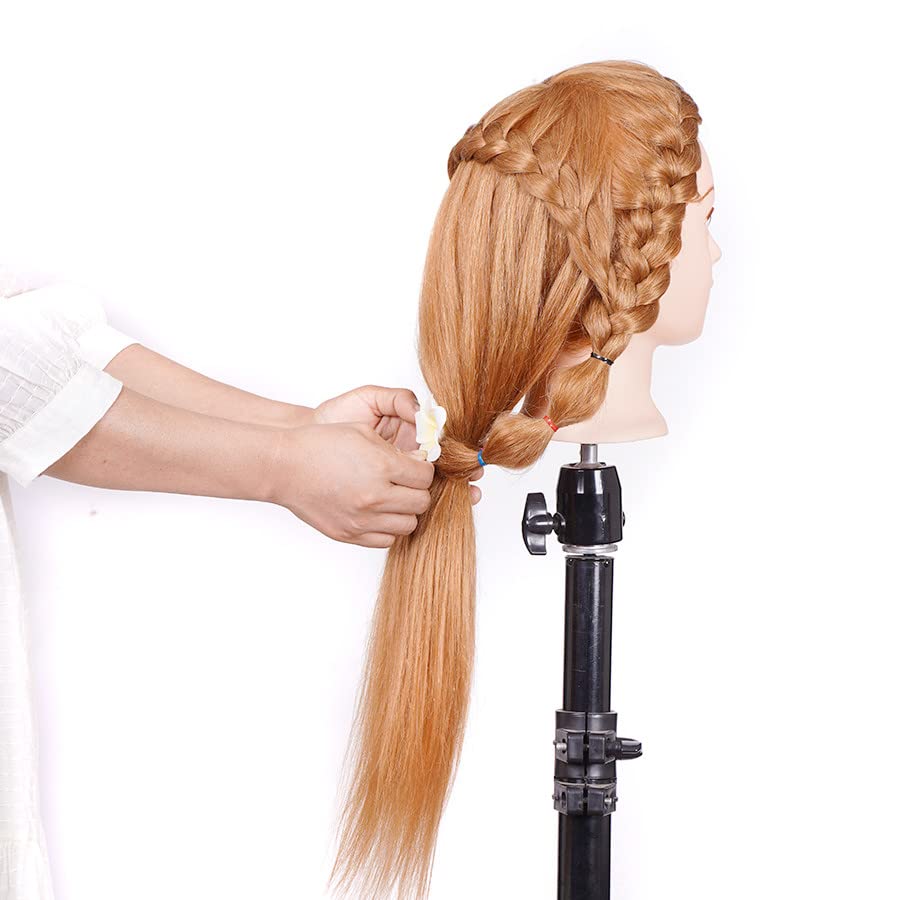 FEIYANJF Training Heads, 24-inch training heads for hairdressers with 50% real hair. Mannequin head for hair styling practice with holder and exquisite gifts (yellow).