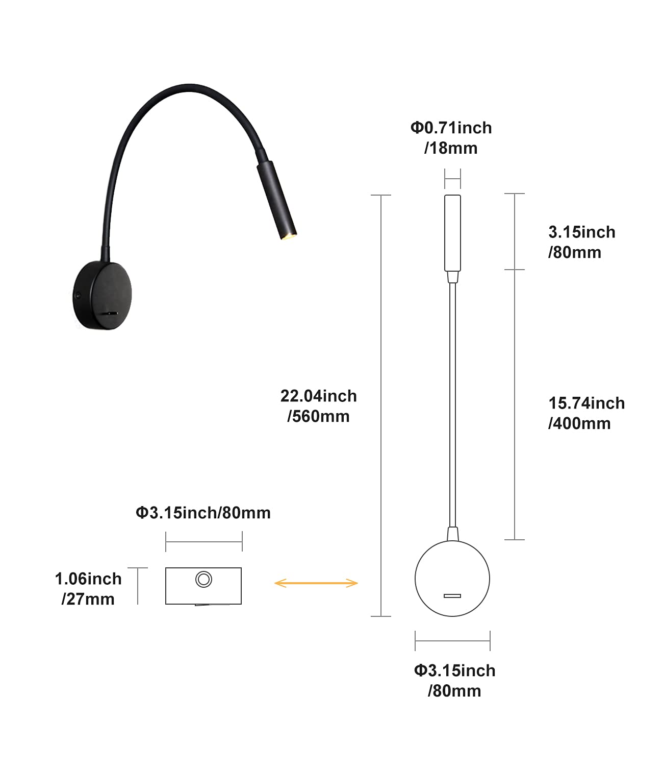 DAWALIGHT Swan Neck Lamp 2 Pack, 3W LED 3000K Warm White Wall Lamp Reading Lamp Wall Mount with Switch Bed Reading Light Wall Mount pure Bedroom, Aluminum, Black