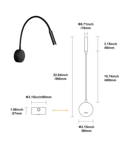 DAWALIGHT Swan Neck Lamp 2 Pack, 3W LED 3000K Warm White Wall Lamp Reading Lamp Wall Mount with Switch Bed Reading Light Wall Mount pure Bedroom, Aluminum, Black