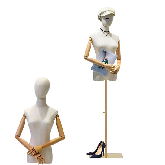 Female mannequin body, mannequin torso with wooden arms, adjustable height 140-190cm, women's bust dress form display stand (color: golden, size: M).
