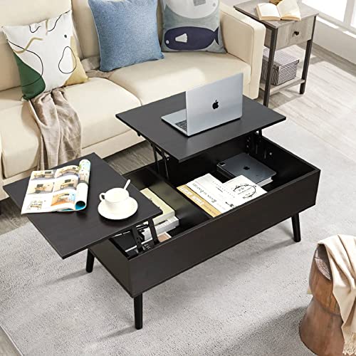 VOWNER coffee table, adjustable height, extendable, retractable, separate hidden storage compartment, double lift top, living room table, black walnut color.