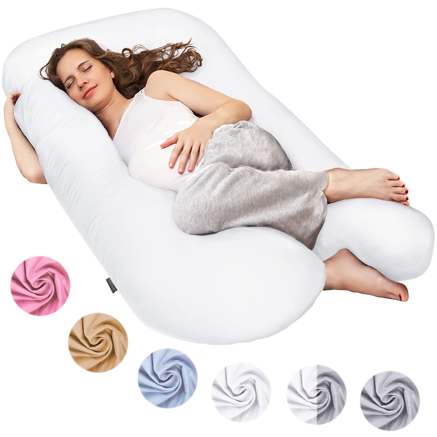 SMOOTHY Pregnancy Pillow, Side Sleeper Pillow, Support Pillow, Baby Pillow & Nursing Pillow in U-shape with removable & washable cover made of 100% cotton (Junior XL, 120 x 70 cm, White)