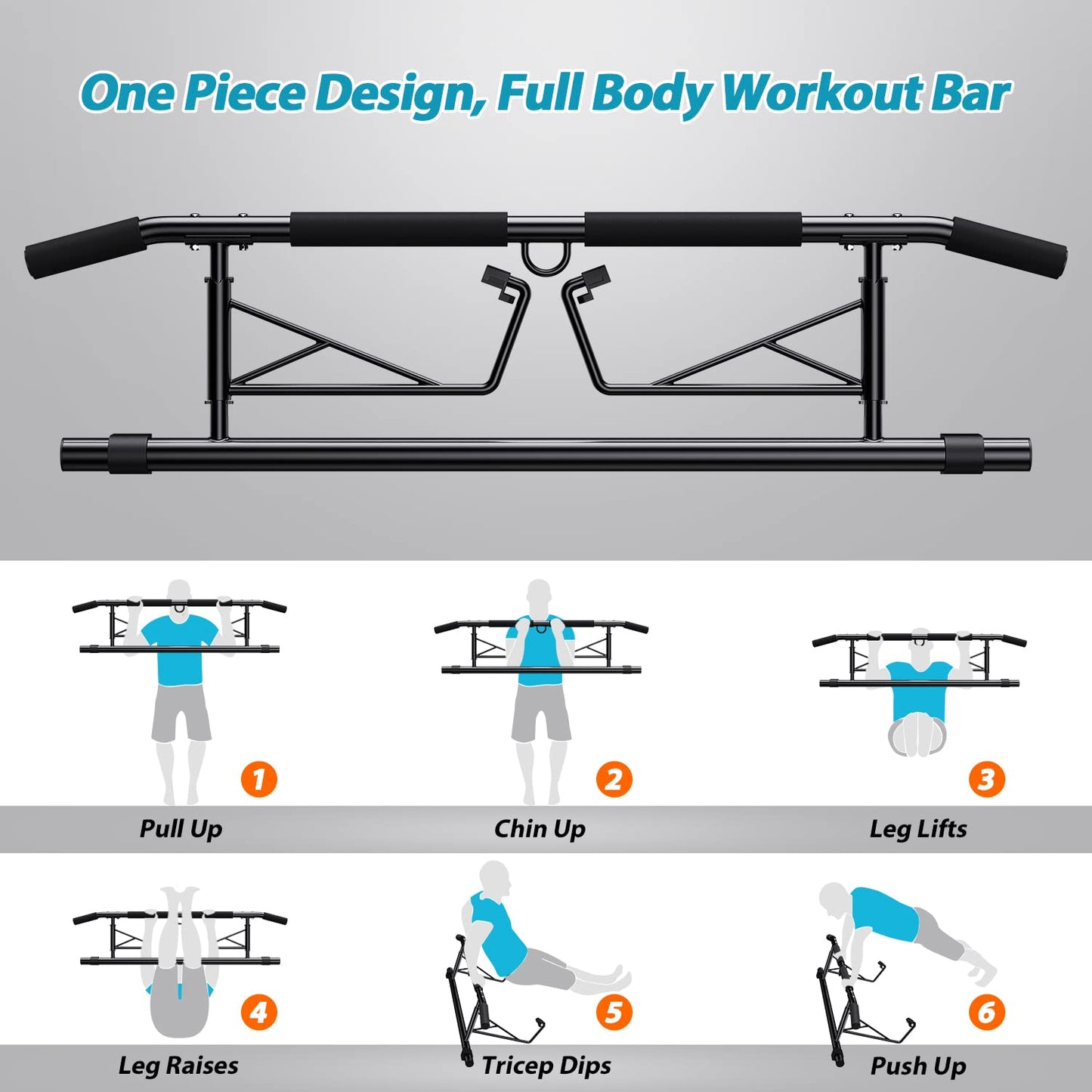 JX FITNESS Door Frame Pull Up Bar with Non-Slip Grips is a foldable training device for home gym, no screws/drilling required.