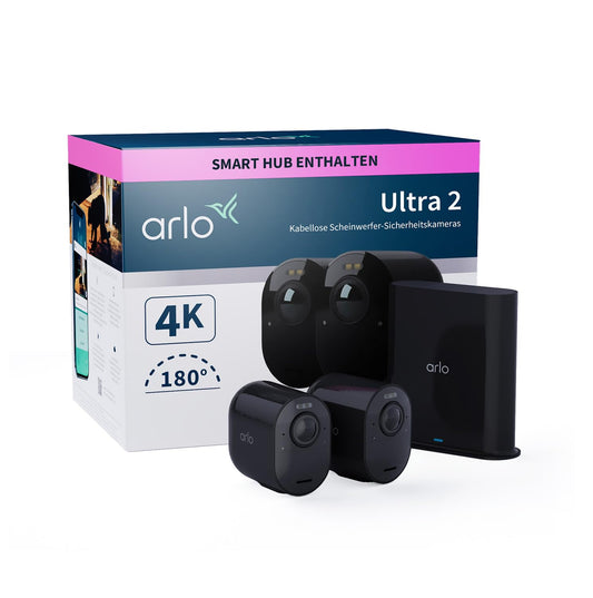 Arlo Ultra 2 outdoor surveillance camera, wireless, 2-pack, 4K UHD quality, 180° field of view, spotlight, color night vision, motion detector, alarm siren + with Arlo Secure trial period.