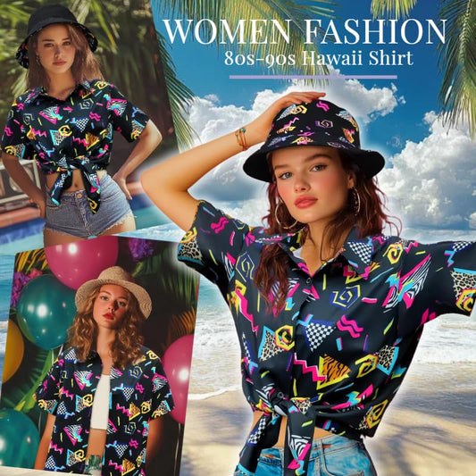 Hippie tops women Hawaii outfit blouse costume set Flower Power 80s shirt women 90s vintage shirt 70s clothing casual retro tops carnival costume (80s-Black, XL)
