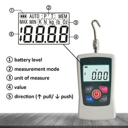 AMF 500N Digital Force Gauge, Portable Push-Pull Testing Device, Digital Force Meter with 3 modes and 4 pressure test units, readability 0.2 N.