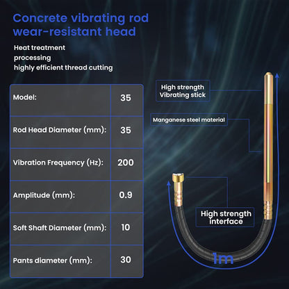 Anbull concrete vibrator, 1300W internal vibrator bottle vibrator, length 1m concrete compactor, concrete vibrating bottle, stirring shaft speed 4800 rpm, vibration bottle diameter 35 mm.
