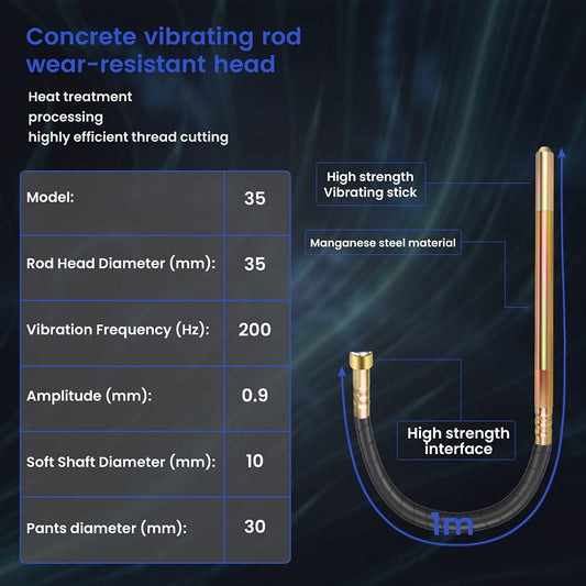 Anbull concrete vibrator, 1300W internal vibrator bottle vibrator, length 1m concrete compactor, concrete vibrating bottle, stirring shaft speed 4800 rpm, vibration bottle diameter 35 mm.