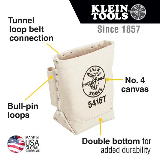 Canvas Bolt Bag, small bag for storing bolts with bull pin loops, belt tunnel loop connection. Klein Tools 5416T, cream, 25.40 cm.