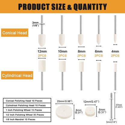 80PCS Wool Felt Polishing Wheels, Wool Felt Mounted Mandrel Polishing Set with 1/8" Shank Polishing Accessories for Dremel Rotary Tool Jewelry Metal Glass