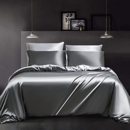 YASMENG Satin Bedding 220x240 Dark Gray Light Gray Duvet Cover Set Deluxe Silk Reversible Bedding 3 Pieces With Zipper And 2 Pillowcases 80x80 cm - Smooth Shiny Silky