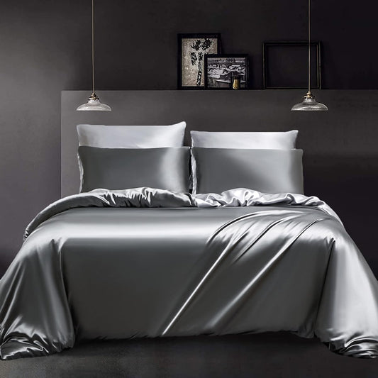 YASMENG Satin Bedding 220x240 Dark Gray Light Gray Duvet Cover Set Deluxe Silk Reversible Bedding 3 Pieces With Zipper And 2 Pillowcases 80x80 cm - Smooth Shiny Silky