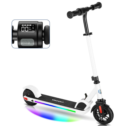 Caroma electric scooter for kids aged 8-12, 150W motor, 16 km/h, 60 min ride time, Adjustable speed & height, Colorful lights, LED display, Foldable kids electric scooter.