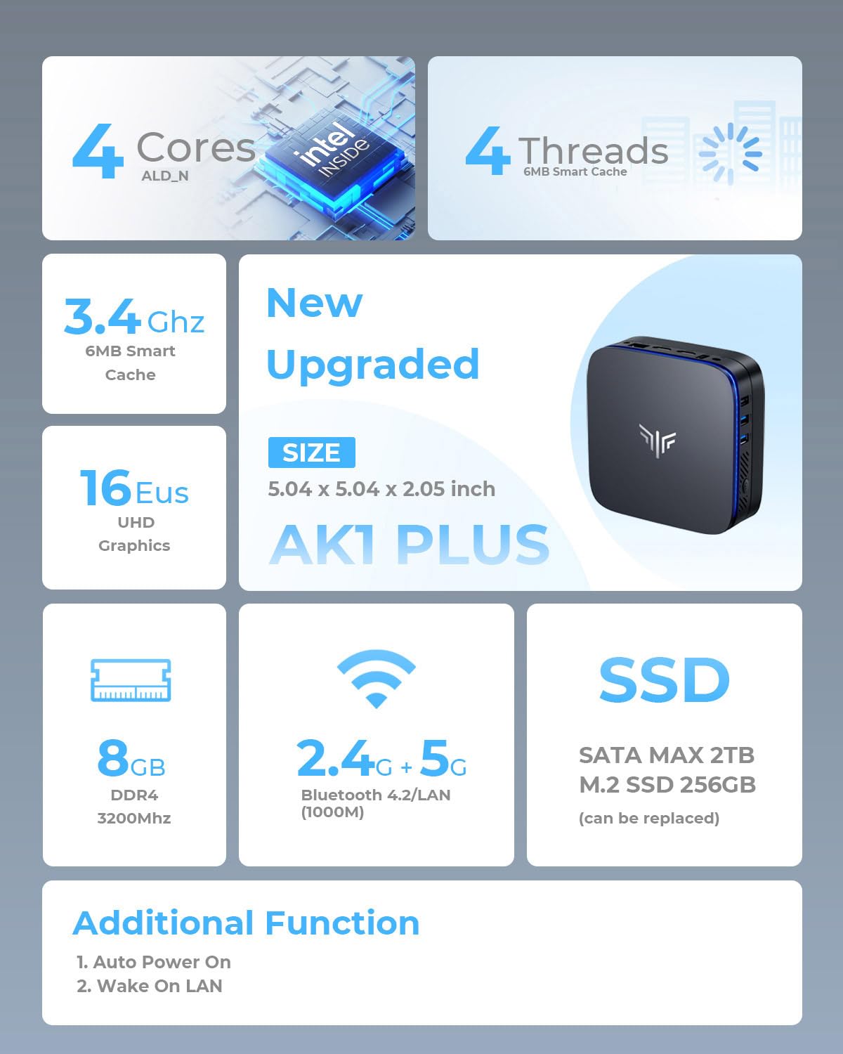 NiPoGi AK1PLUS Mini PC with Intel Alder Lake-N N95 (up to 3.4 GHz), 8GB DDR4, 256GB SSD. Micro PC with 2.5-inch SSD, Gigabit Ethernet, 2.4+5G WiFi, BT4.2, 4K@60Hz UHD Dual Display. Perfect for office/school use.
