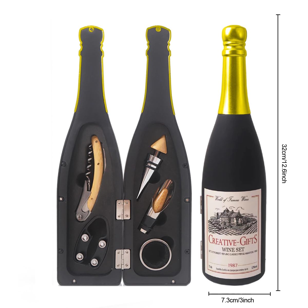 ZBPASL Wine Bottle Shaped Corkscrew Set, Wine Opener, Wine Sommelier Sets with Bottle Opener, Wine Stoppers, Wine Accessories Gift Set (Black 01)