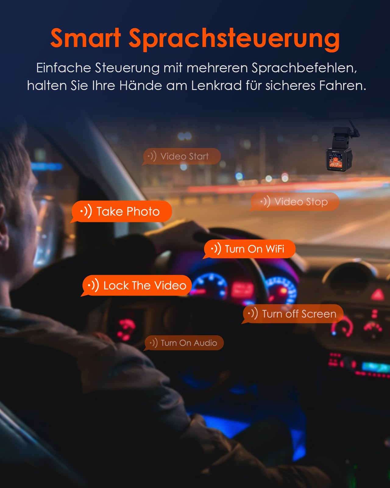 VANTRUE E1 2.7K Dashcam Mini Car WiFi GPS, 2.5K 1440P/60FPS Dash Cam Remote Voice Control, 24Hr Parking Mode, HDR Super Night Vision, 1.54 Inch 160° Hidden Car Camera, max. 512GB