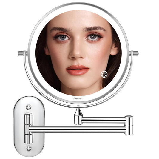 Auxmir Cosmetic Mirror with Lighting, 1X/5X Makeup Mirror Shaving Mirror Wall Mounted, Double-sided Magnifying Mirror with 3 Light Colors, Touchscreen, 360° Rotatable for Bathroom.