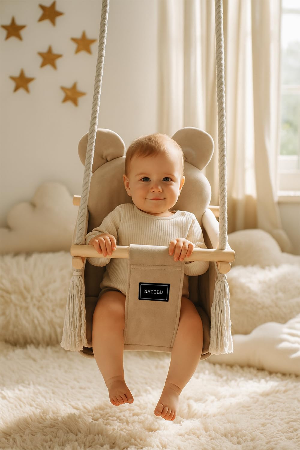 NATILU® Baby Swing Set Indoor Outdoor | Bear Light Beige Velvet | Baby Swing | Baby swing Indoor | Wooden Kids Swing | Wooden Swing for Children | Swings for door frames