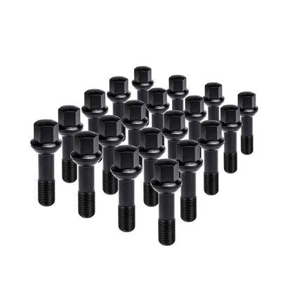 20 wheel bolts M14x1.5x45mm BLACK ball seat for R14 alloy wheels.