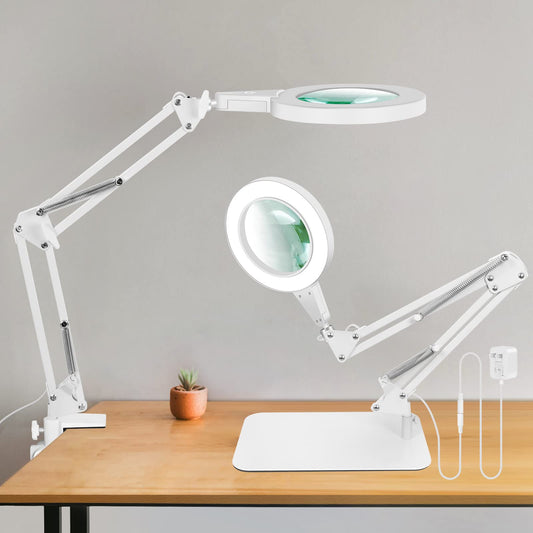 10X magnifying glass with light and stand, touch control, 2-in-1 LED magnifier light, desk lamp with large base and clamp, 3 color modes dimmable, magnifying lamp for crafting, white.