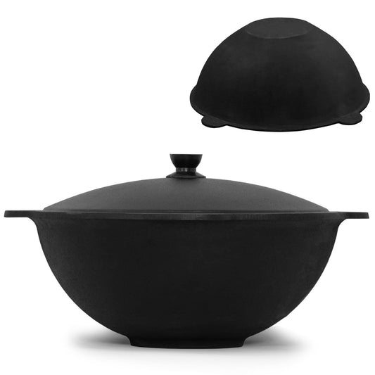 4BIG.fun Kazan made of cast iron 8 L with aluminum lid flat bottom Uzbek Swivel pot NAMANGAN Kasan Uzbek Asian WOK cast iron pot Grill wok