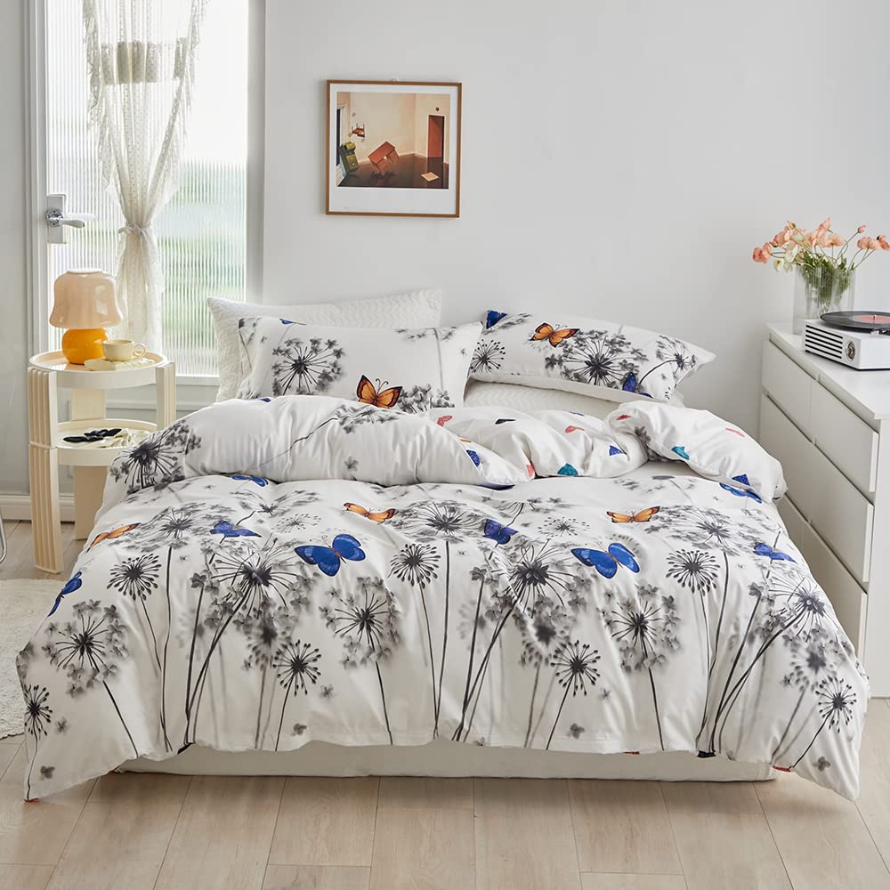 Luofanfei dandelion bedding set 155x220cm with dandelion flowers, butterflies, blue, yellow, grey, and white colors. Made of microfiber with plant leaf pattern. Includes 1 duvet cover and 2 pillowcases 80x80cm with zipper.