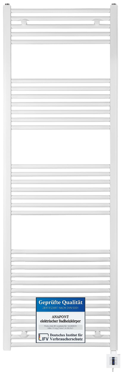 anapont electric towel heater 1475x600 - white straight - timer function - towel radiator - electric bathroom heater - towel warmer - Made in Germany