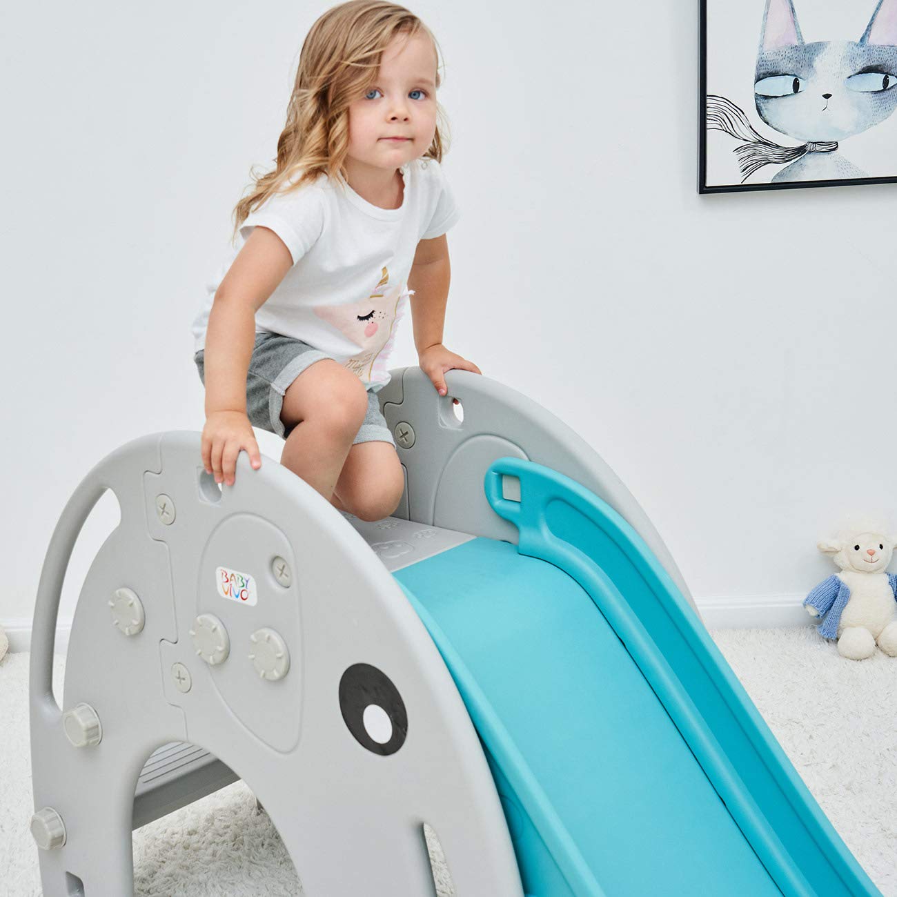 Baby Vivo Children's Slide Kids Slide Garden Slide Toddler Slide Plastic Elephant Rounded Corners & Edges for Indoor & Outdoor in Turquoise/Grey.