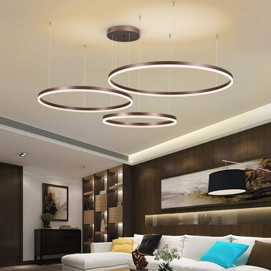LED pendant lamp modern living room lamp hanging light 3 rings pendant light dimmable with remote control chandelier adjustable height dining table lamp hanging lamp aluminum round acrylic lighting (Color: ___)
