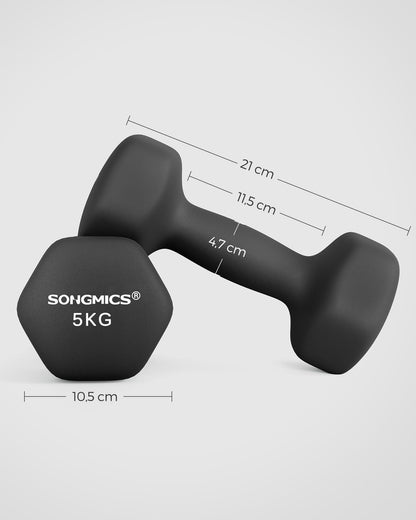 SONGMICS Dumbbells, 2 pcs, 2 x 5 kg, Dumbbell Set, Dumbbells, Hexagon, Neoprene Coating, Strength Training, Workout, Fitness Training, for Home, ink black SYL60BK