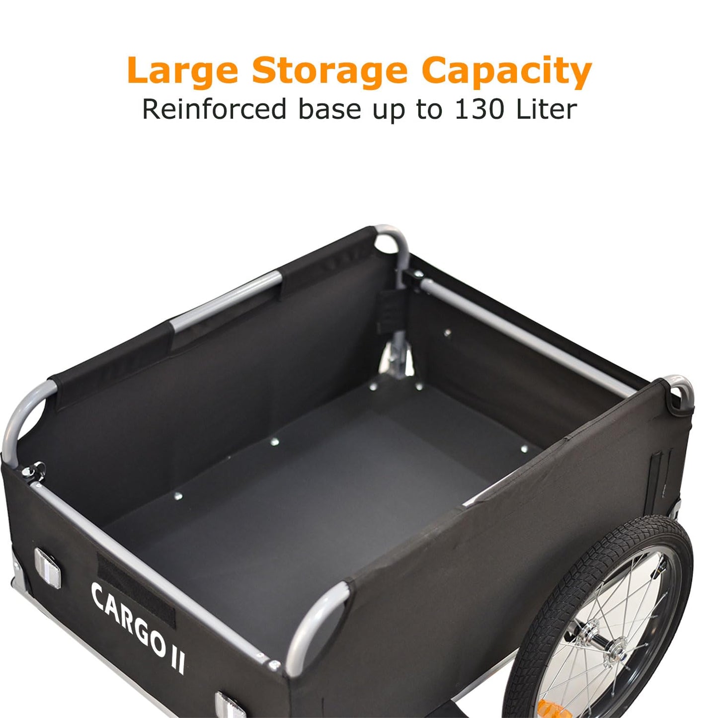 Tiggo Cargo II bike cargo trailer with 130 liters volume. Foldable bike trailer for transporting loads.