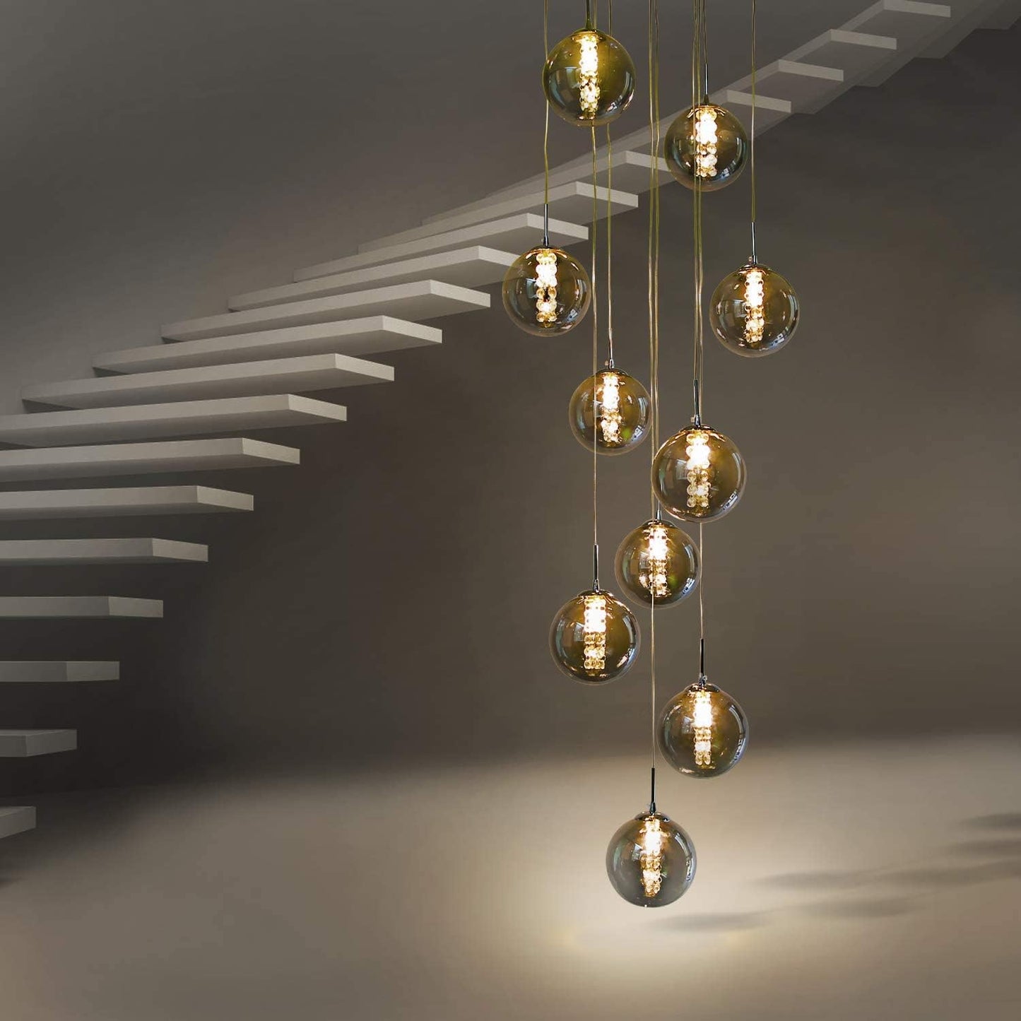 CBJKTX pendant light dining table hanging light staircase - height adjustable pendant lamp 10 lights made of glass in gray color dining table lamp for living room gallery ballroom villa hallway dining table kitchen