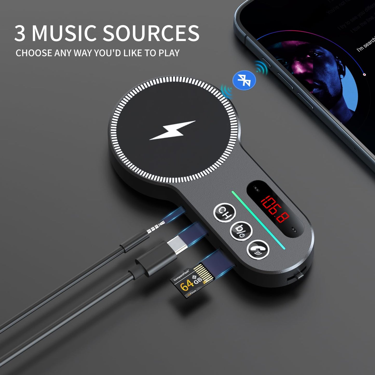Gift for MagSafe Car Bluetooth Transmitter Mount, Black 20X Powerful Magnetic Phone Holder for iPhone, Bluetooth Car Adapter Hands Free, Easy to Install, 12 Months Warranty.