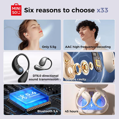 MINISO X33 AI real-time translation earphones, 135 language translator earphones, open ear design, wireless Bluetooth translation headphones with HiFi sound, 60 hours playtime, perfect for travel.