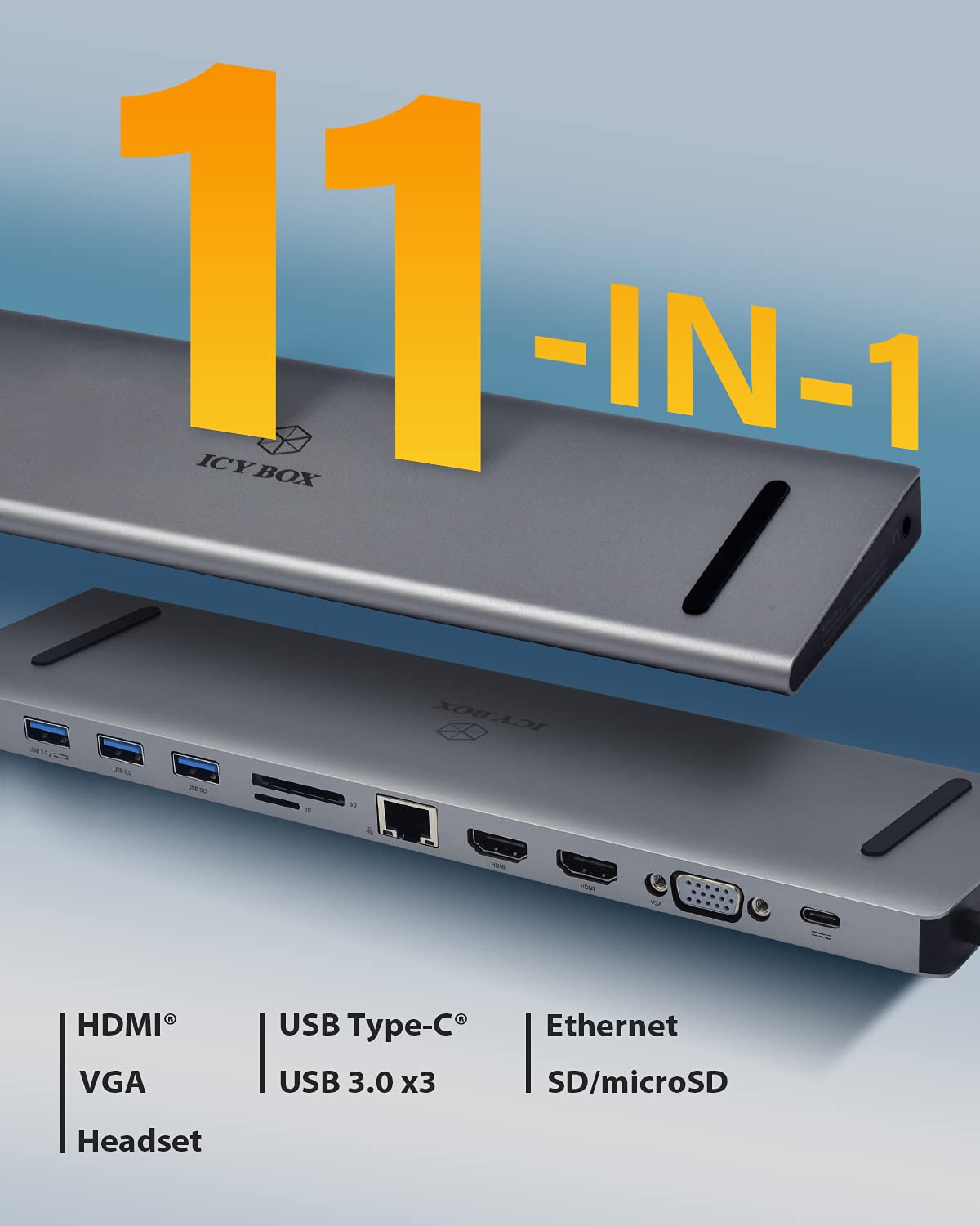 ICY BOX USB-C Docking Station (11-in-1) for 2 monitors (2x HDMI & 1x VGA), 4K 30Hz, 3x USB 3.0 HUB, 100W Power Delivery, Gigabit Ethernet, card reader, Gray, IB-DK2106-C