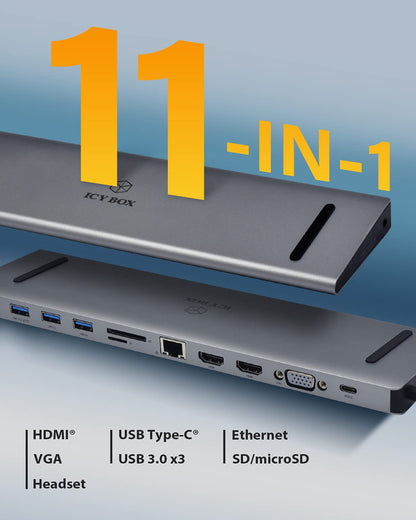 ICY BOX USB-C Docking Station (11-in-1) for 2 monitors (2x HDMI & 1x VGA), 4K 30Hz, 3x USB 3.0 HUB, 100W Power Delivery, Gigabit Ethernet, card reader, Gray, IB-DK2106-C